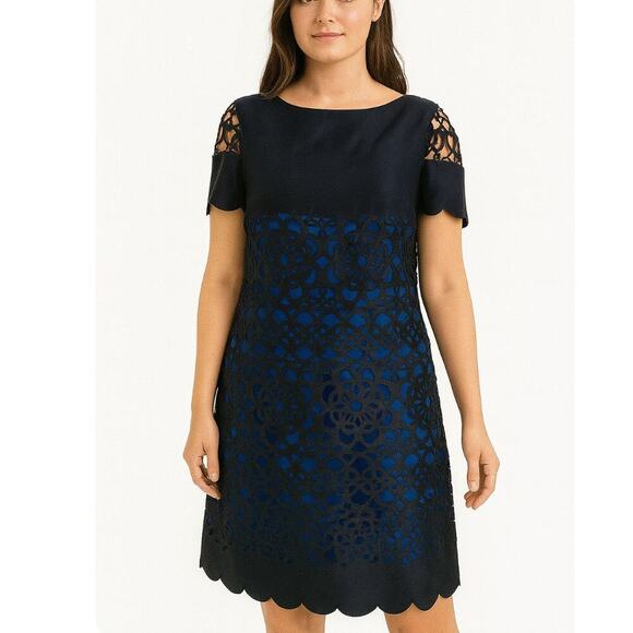 Muse Black Blue Laser Cut Eyelet Dress Size 6 black and navy blue sheath dress - Picture 1 of 16